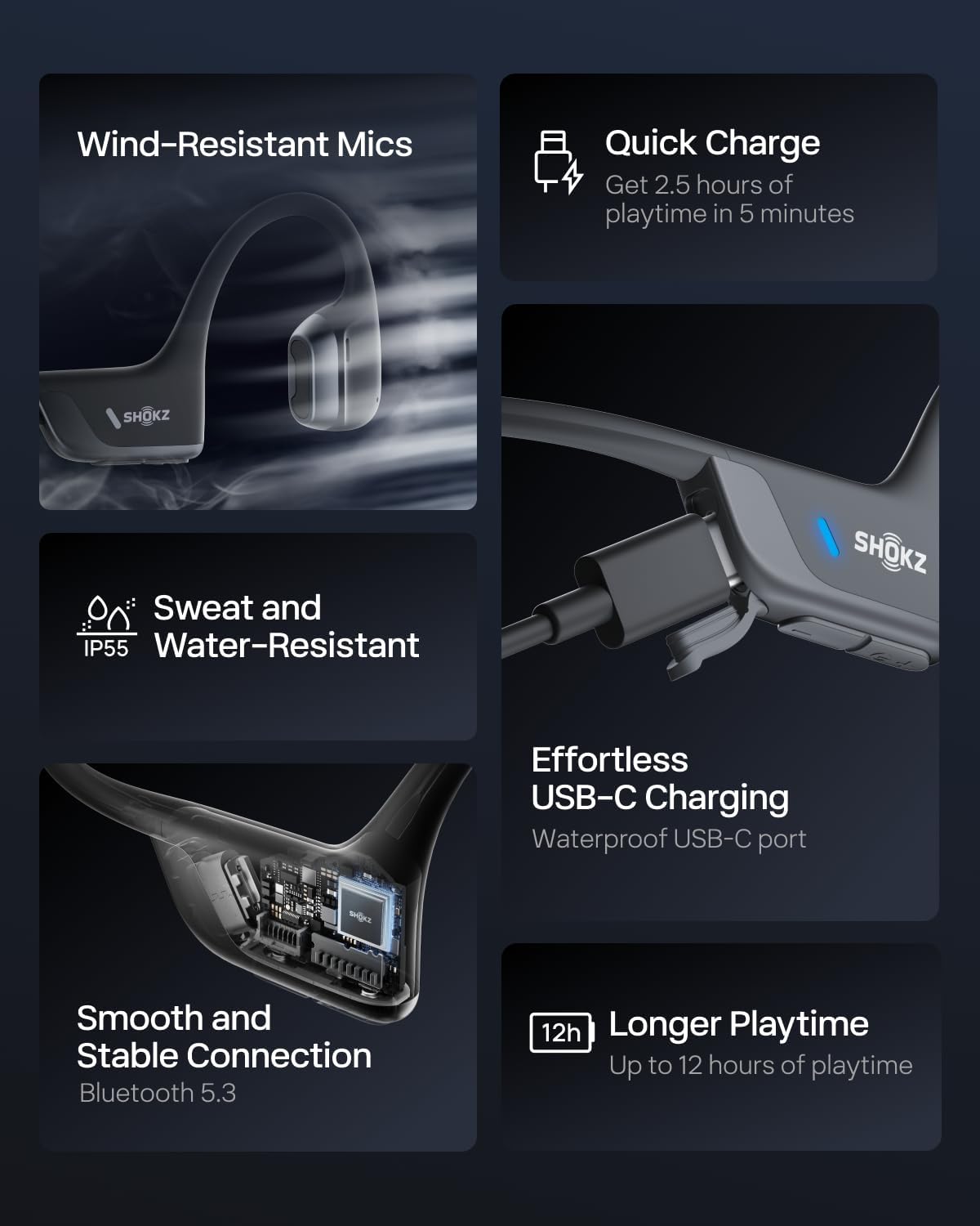 SHOKZ OpenRun Pro 2 Mini Sports Headphones with Bone Conduction Technology, Open-Ear Bluetooth 5.3 Headphones, Noise-Canceling Microphones, IP55 Water Resistant, 12-Hour Playback, USB-C Fast Charging, Black