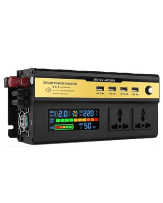 محول طاقة شمسية عالي الطاقة 2200 واط DC12V-AC220V، عاكس موجة جيبية، مروحة تبريد مدمجة، منافذ تيار متردد ومنافذ شحن USB مثالية
