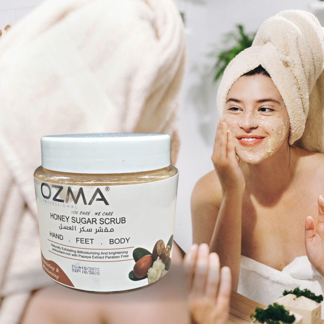 مقشر OZMA Clavo الناعم بالعسل والسكر مع خلاصة الشيا لبشرة متوهجة ومشرقة 500 جرام