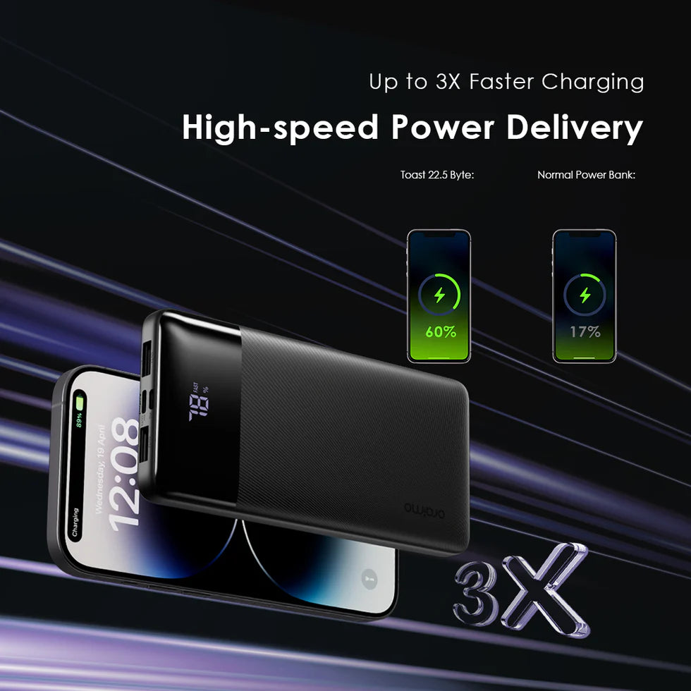 Oraimo Toast 22.5 Type-C (IN/OUT) Power Bank, PD&QC 3.0 Compatible, 22.5W, 10,000mAh, Black, OPB-7100Q