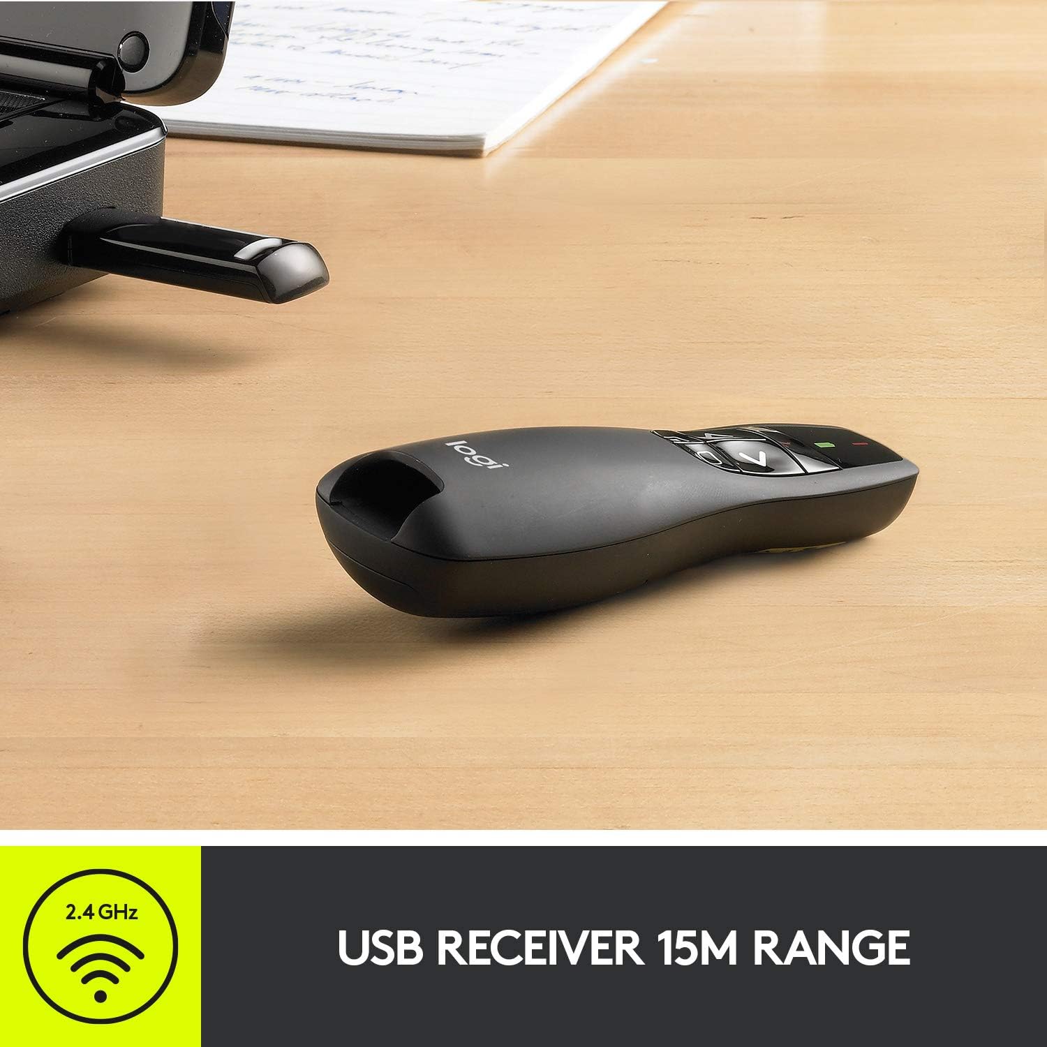 جهاز تحكم عن بعد لاسلكي للعروض التقديمية R400، 2.4 جيجاهرتز، مستقبل USB، مؤشر ليزر أحمر، نطاق تشغيل 15 مترًا، 6 أزرار، تحكم بديهي في عرض الشرائح، مؤشر البطارية، أسود للكمبيوتر الشخصي
