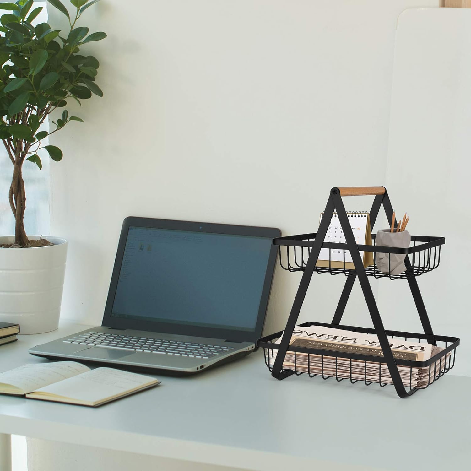 E World | 2-Tier Countertop Fruit Basket Storage, Vegetable Rack Bread Display Stand for Kitchen, Black