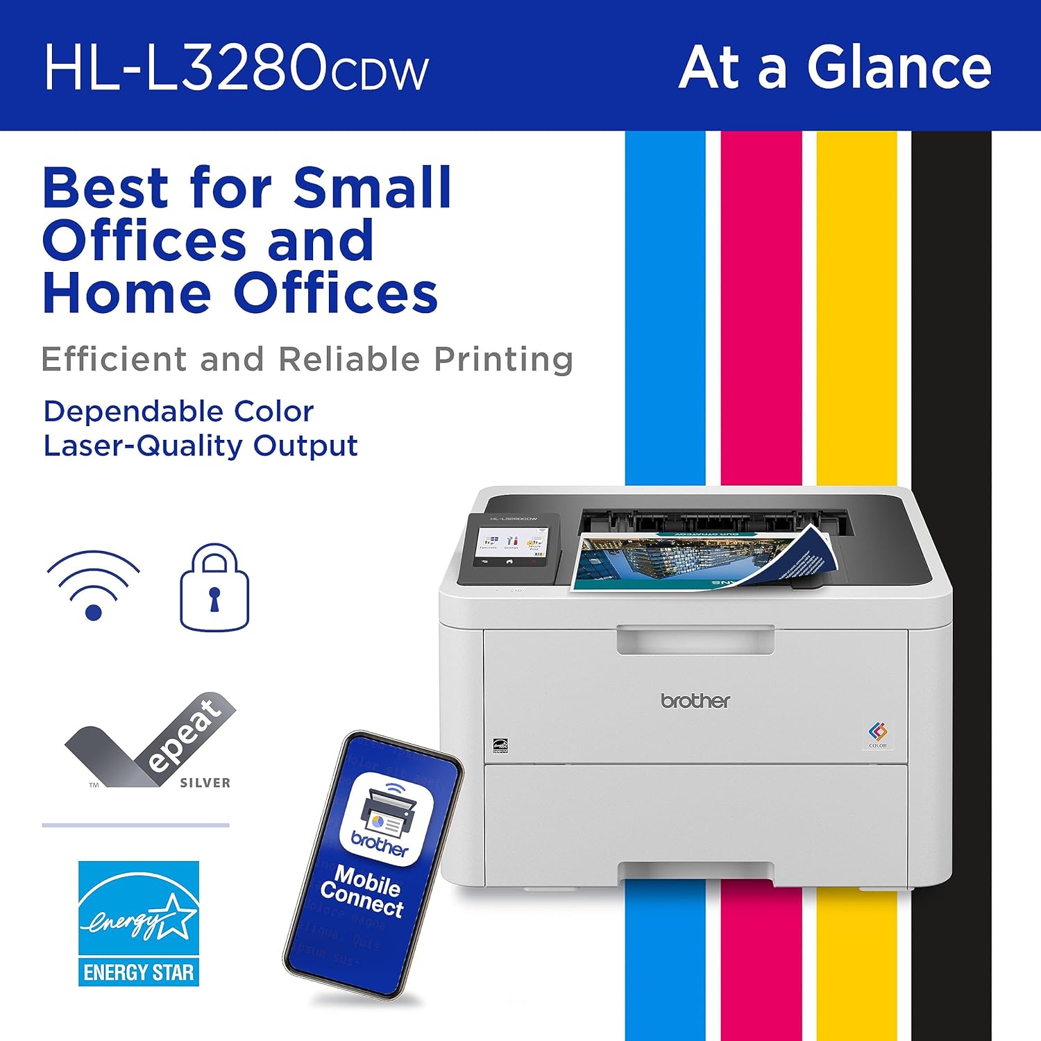 HL-L3280CDW Color Laser Printer, Fast & Compact Wireless Colour Laser LED Printer White