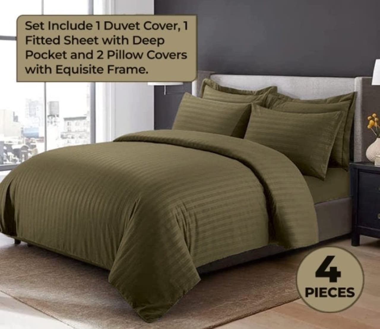 4-Piece Luxury King Size Brown Striped Bedding Set Includes 1 Duvet Cover (220x240cm), 1 Fitted Bed Sheet (200x200+30cm), and 2 Pillow Cases (48x74+5cm) for Ultimate Hotel-Inspired Sophistication