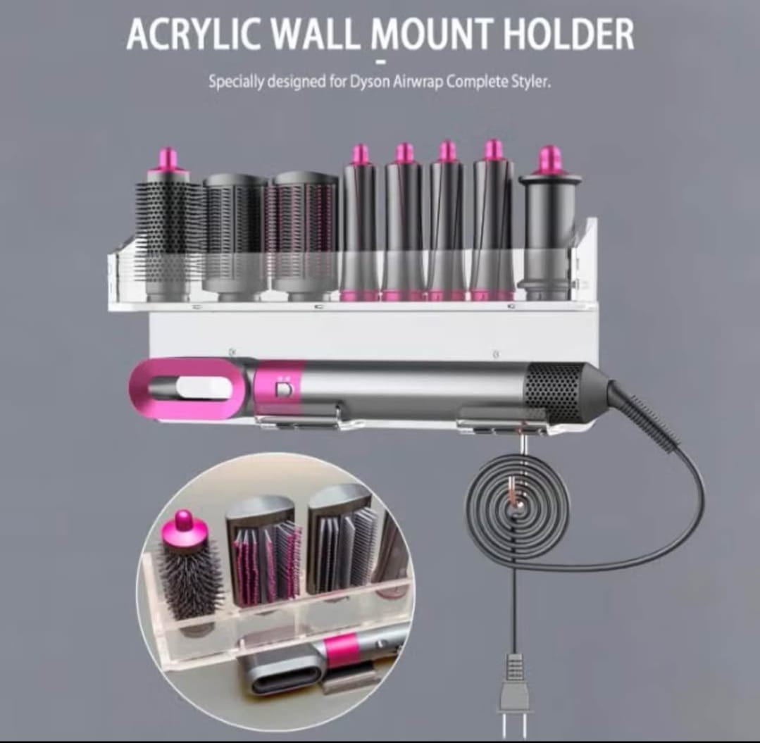 Wall Mount Holder for Hair Styler Complete Set – Transparent Acrylic Storage Rack Organizer for Styler Attachments, Space-Saving Bathroom & Bedroom