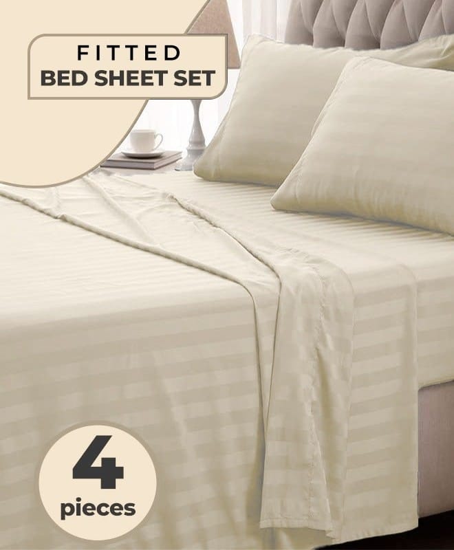 4-Piece Luxury King Size Cream Striped Bedding Set Includes 1 Duvet Cover (220x240cm), 1 Fitted Bed Sheet (200x200+30cm), and 2 Pillow Cases (48x74+5cm) for Ultimate Hotel-Inspired Sophistication