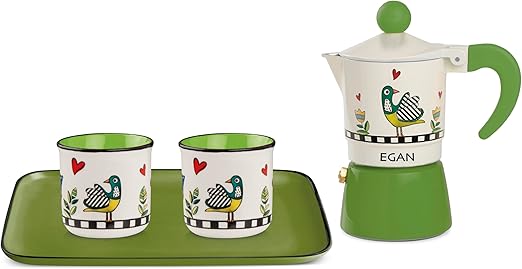 Egan Set Moka Coffee Maker, 2 Mini Mugs, and Tray Cocoricò Green – Premium Aluminum and New Bone China