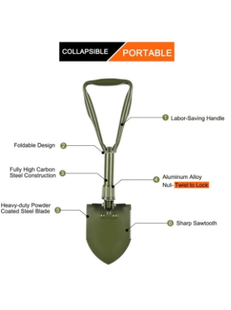 Collapsible Shovel, Heavy Duty Foldable Shovel, Camping Shovel and Pickax, Military Entrenching Tool for Gardening, Camping, Mud&Snow, Off Road, Portable Car Emergency kit BS-303G