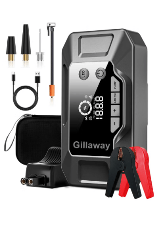 Versatile Car Jump Starter with 150 PSI Air Compressor Portable Battery Pack for 10L Gas and 8.0L Diesel Engines Includes Car Battery Charger LED Light Power Bank and Quick Charge 3.0
