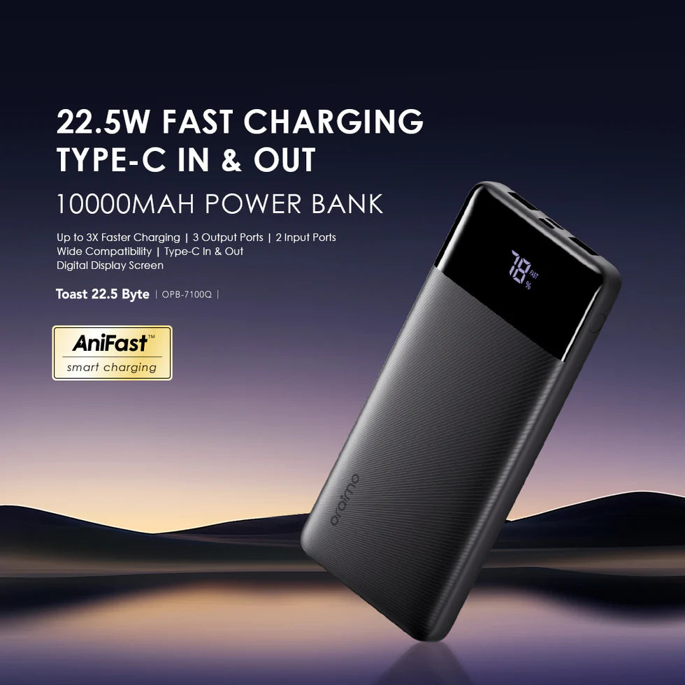 Oraimo Toast 22.5 Type-C (IN/OUT) Power Bank, PD&QC 3.0 Compatible, 22.5W, 10,000mAh, Black, OPB-7100Q