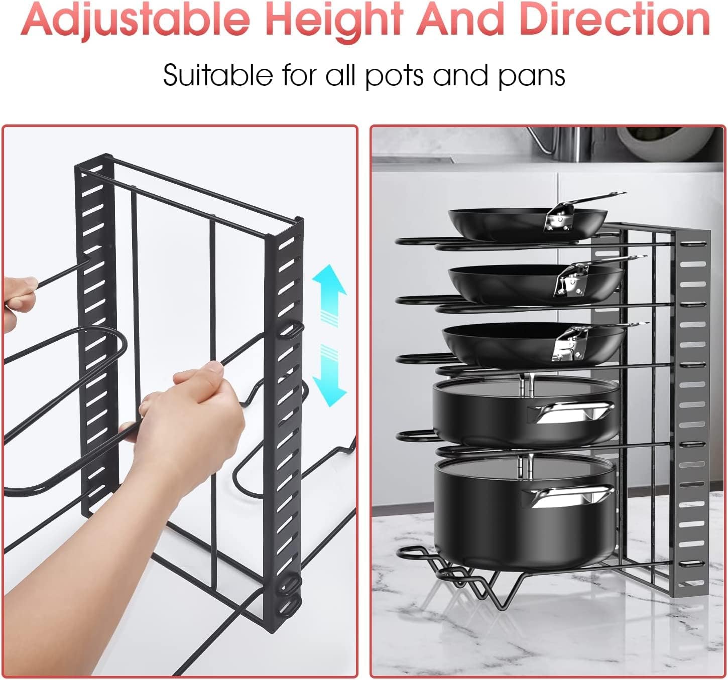 e World Pots and Pans Organizer for Cabinet,Kitchen Organizer and Storage Rack,Space Saving Stand with Adjustable Dividers,8 Layer Double Sided With Iron Wire Black.