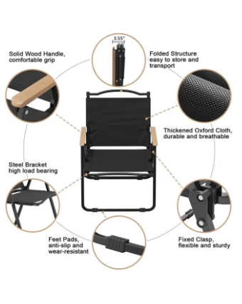 Foldable Fishing Camping Chair Portable Wooden Beach Chair Outdoor Picnic Chair Beach Chair, Outdoor Armchair for Camping Travel and Outdoor Activities