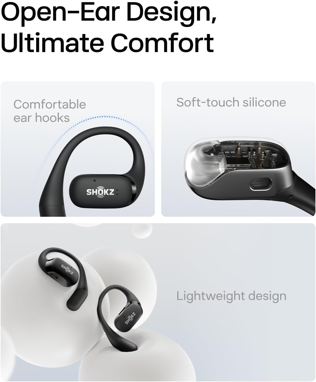 SHOKZ OpenFit Open-Ear True Wireless Bluetooth Headphones with Microphone, Earbuds with Earhooks, Sweat Resistant, Fast Charging, 28HRS Playtime (Black)