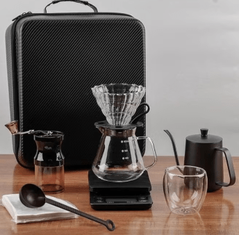 Camping Coffee Maker Set Glass Pour Over Coffee Maker Stainless Manual Coffee Grinder Set-All in 1 Gift Bag Travel Portable Pour Over Coffee Kit TS-05