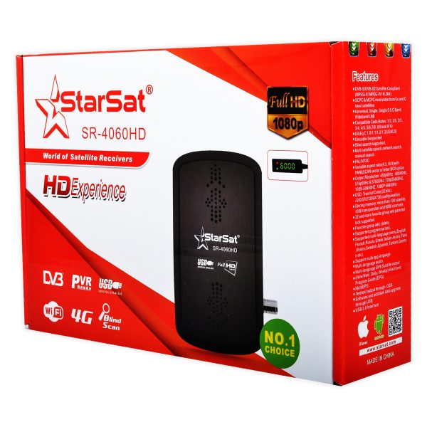 StarSat SR-4060HD Full HD، 2xUSB، HDMI، EPG، MPEG4، Blind Scan، YouTube، PVR، DVBS2، 4G &amp; WiFi مدعوم (جهاز WiFi غير متضمن)