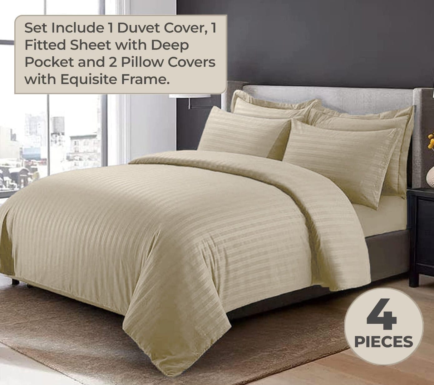 4-Piece Luxury King Size Cream Striped Bedding Set Includes 1 Duvet Cover (220x240cm), 1 Fitted Bed Sheet (200x200+30cm), and 2 Pillow Cases (48x74+5cm) for Ultimate Hotel-Inspired Sophistication