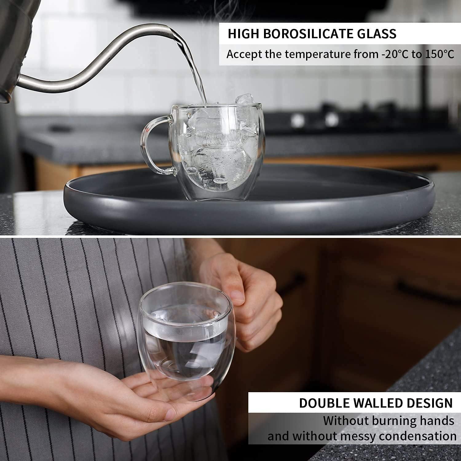 2-Pack Double Walled Glass Coffee Mugs, Insulated Glass Cups with Handle Clear Borosilicate Glass Mugs , 250ml Perfect for Cappuccino,Tea,Latte,Espresso,Hot Beverage,Wine,Microwave Safe.