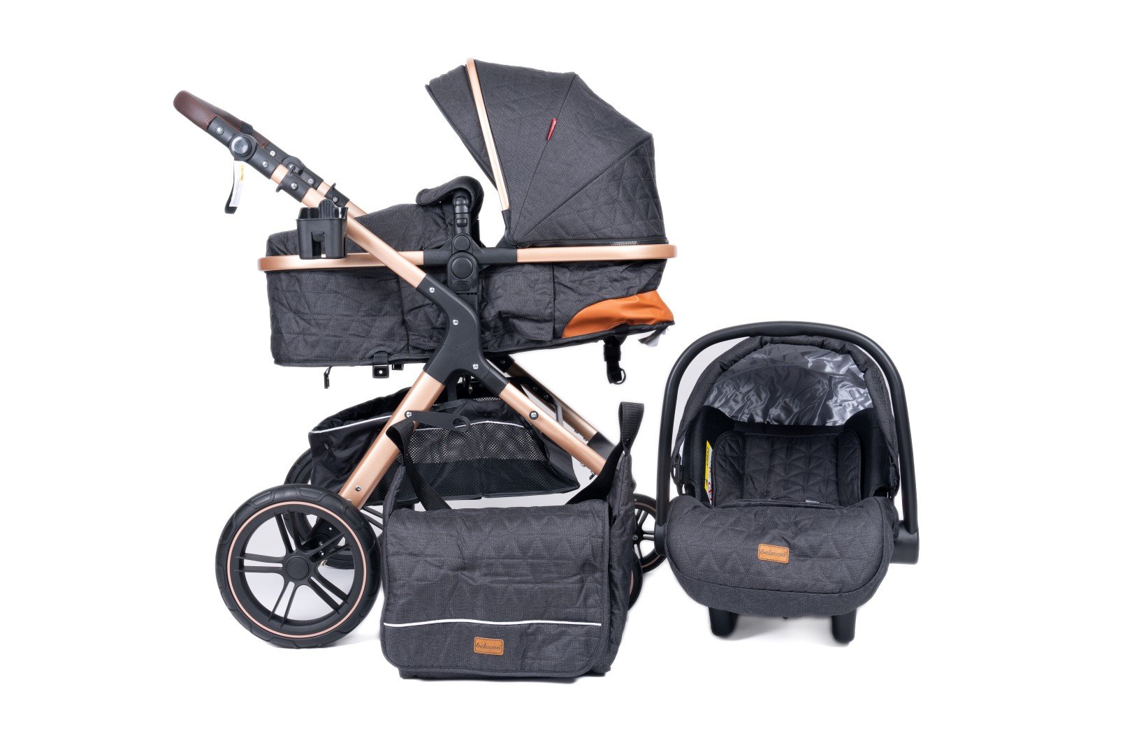 Belecoo one fold-to-half luxury pram 3 in 1 with Car Seat - Black
