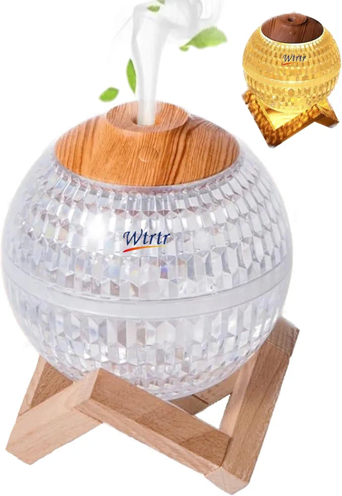 Mini Humidifier 350ml Cool Mist Humidifier for Kids Bedroom Essential Oil Diffuser Crystal Ball, 7 Colors LED Night Light, Glass Decor, Cute, Small