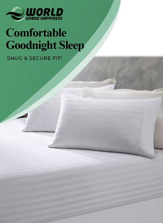 e World Luxurious Bedsheet - White Striped Bedsheet Set (220x240cm) - 3 Piece Set with 1 Flat Sheet and 2 Pillowcases (50x70cm) - Soft and Breathable Microfiber for All Seasons. (Kingsize Bedsheet)