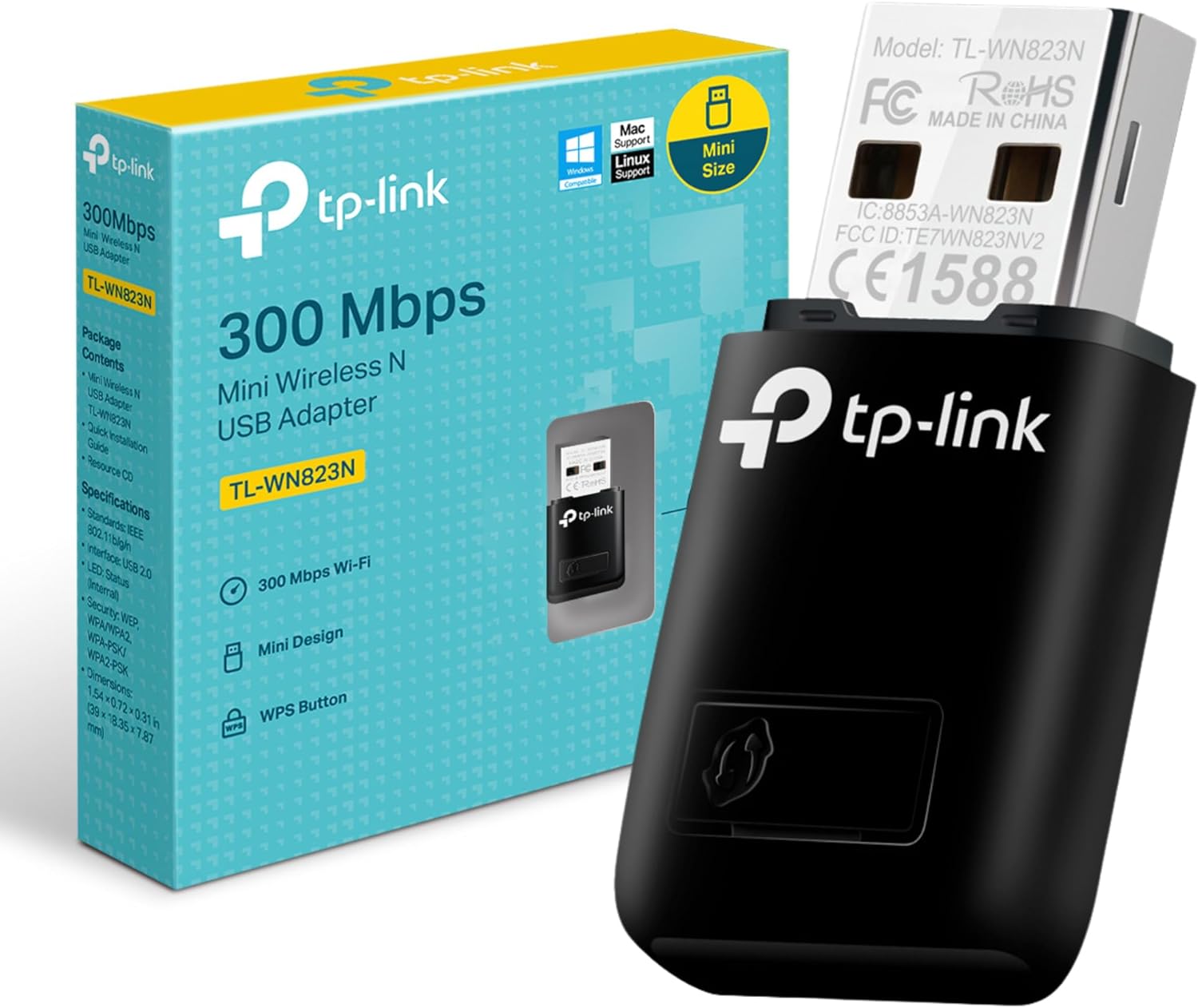 TL-WN823N N300 Mini USB Wireless WiFi Network Adapter for PC/Laptop, Easy Setup, Supports Windows 10/8.1/8/7/XP, Mac OS X, Linux Black