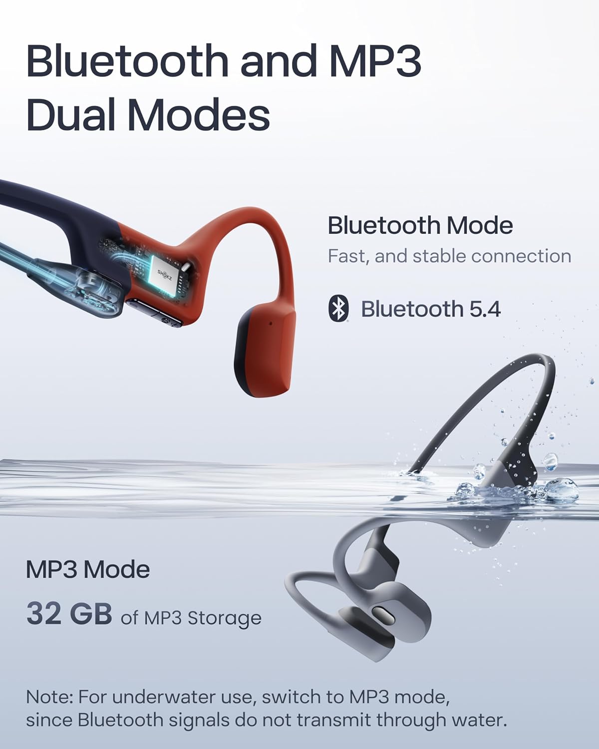 SHOKZ OpenSwim Pro Bone Conduction Sports Headphones, IP68 Waterproof Open-Ear Wireless Earphones with Bluetooth 5.4, 32GB of MP3 Storage, Noise Cancelling Mics, 9h Playtime for Running, Swimming-Red