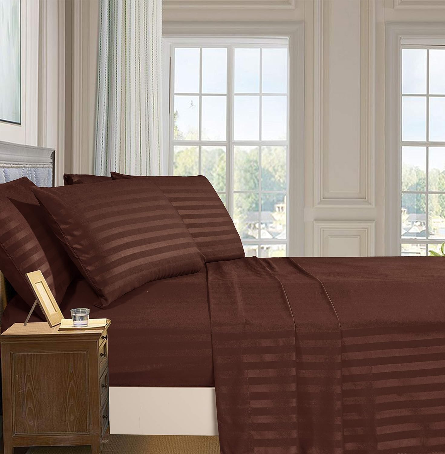 e World Luxurious Bedsheet Set – Striped Bedsheet Set (220x240cm) - 3 Piece Set with 1 Flat Sheet and 2 Pillowcases (50x70cm) - Soft and Breathable for All Seasons.(Dark Brown, Double Bedsheet)