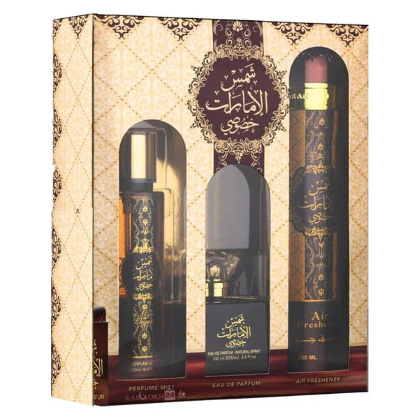 شمس الإمارات خصوصي (مجموعة هدايا) عطر 100 مل + معطر للجسم 250 مل + معطر جو 300 مل 