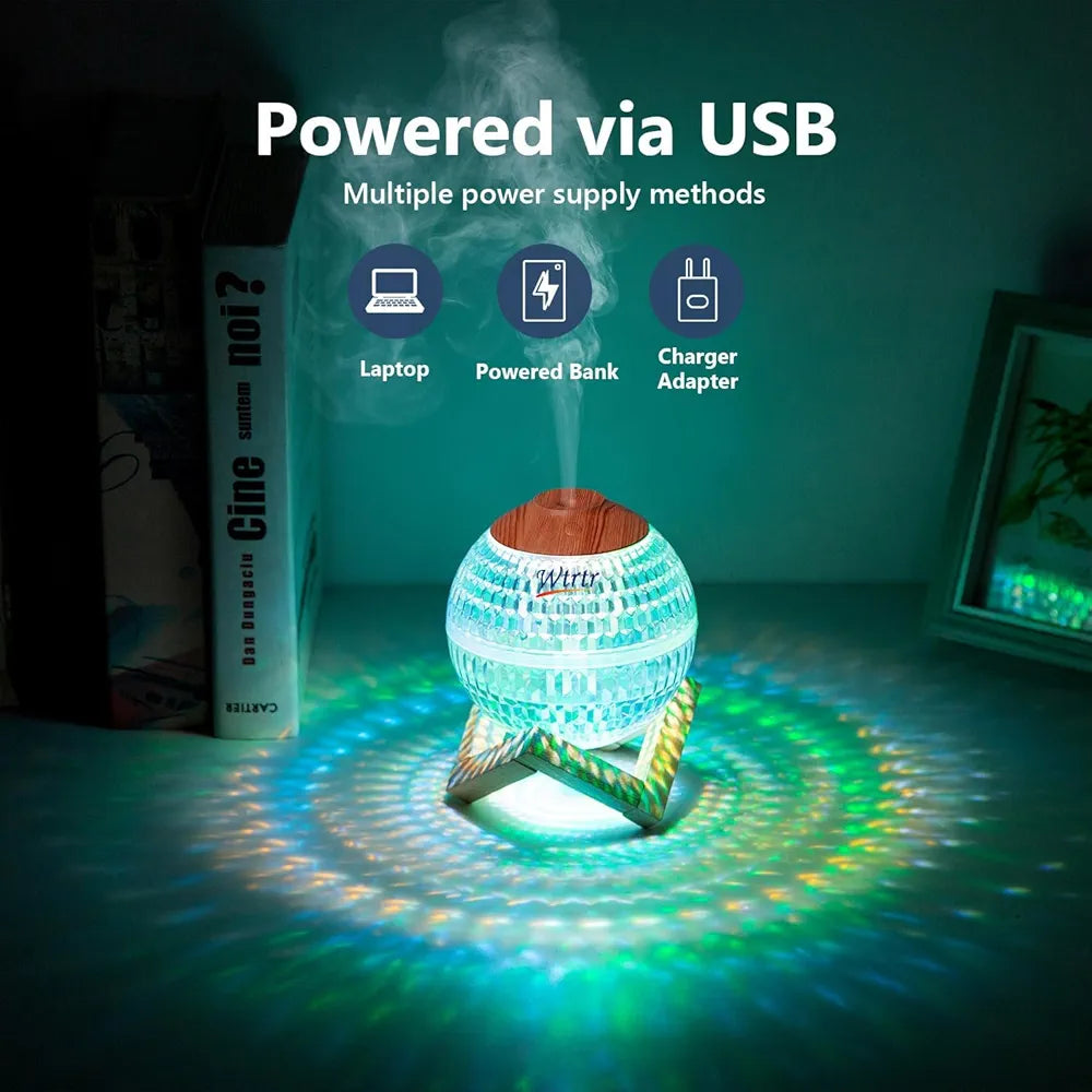 Mini Humidifier 350ml Cool Mist Humidifier for Kids Bedroom Essential Oil Diffuser Crystal Ball, 7 Colors LED Night Light, Glass Decor, Cute, Small