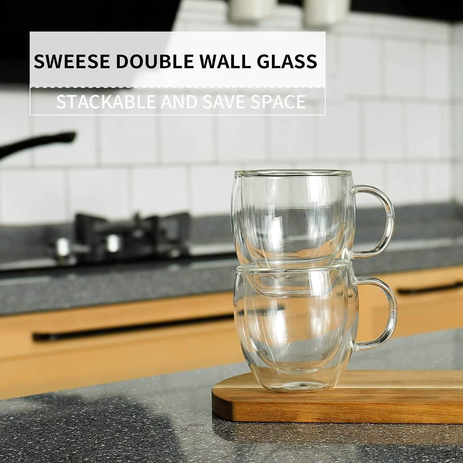 2-Pack Double Walled Glass Coffee Mugs, Insulated Glass Cups with Handle Clear Borosilicate Glass Mugs , 250ml Perfect for Cappuccino,Tea,Latte,Espresso,Hot Beverage,Wine,Microwave Safe.