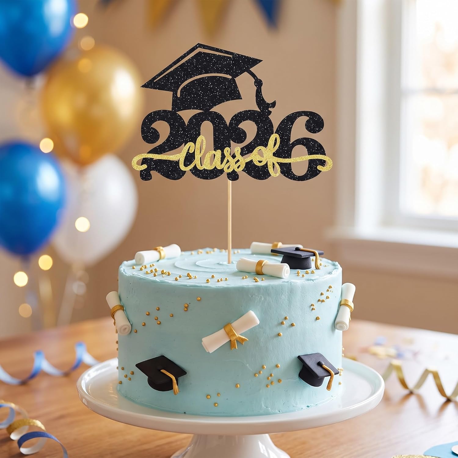 Mirfa Graduation Cake Topper – Black & Gold Glitter Cap Design, Reusable Party Decoration for Graduation Cakes & Dessert Tables