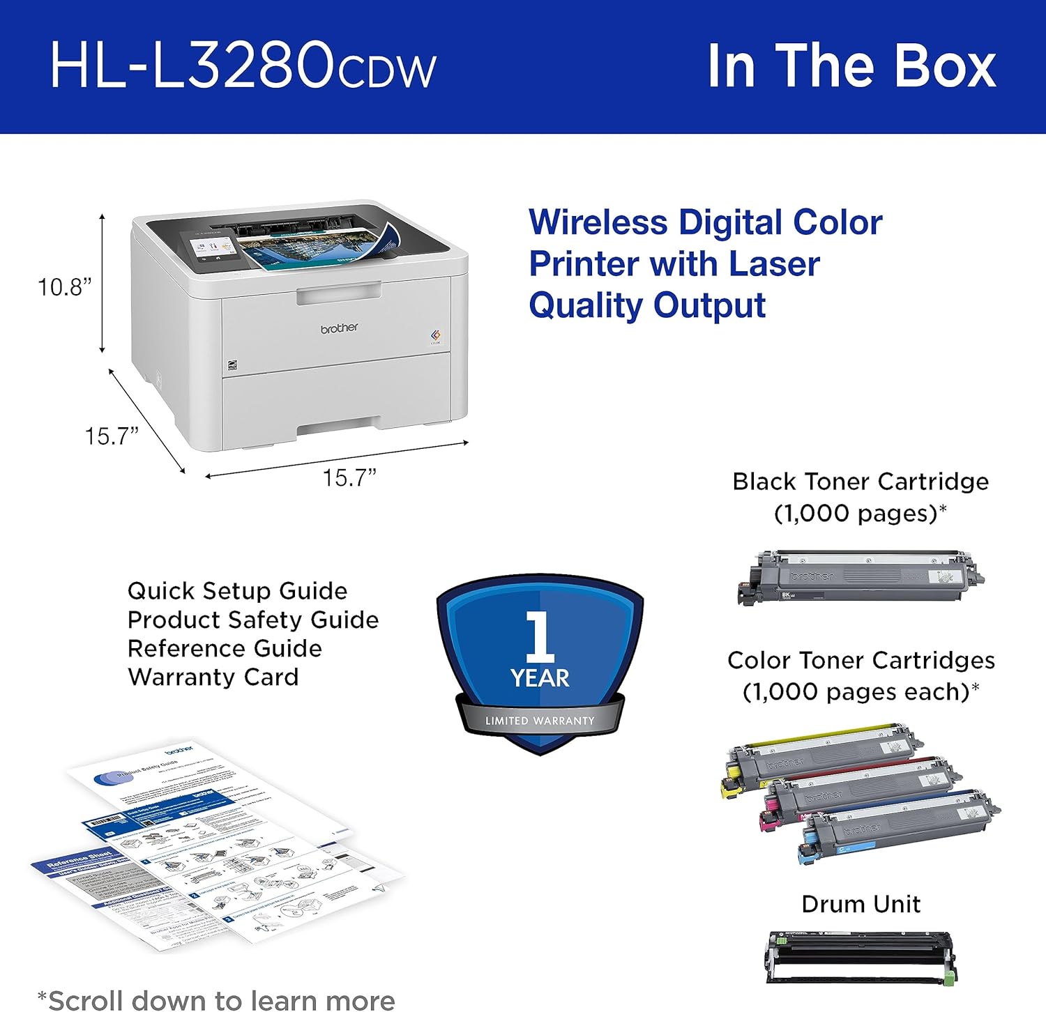 HL-L3280CDW Color Laser Printer, Fast & Compact Wireless Colour Laser LED Printer White