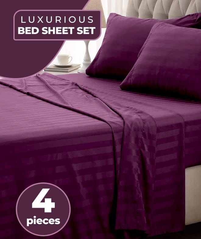 4-Piece Luxury King Size Purple Striped Bedding Set Includes 1 Duvet Cover (220x240cm), 1 Fitted Bed Sheet (200x200+30cm), and 2 Pillow Cases (48x74+5cm) for Ultimate Hotel-Inspired Sophistication