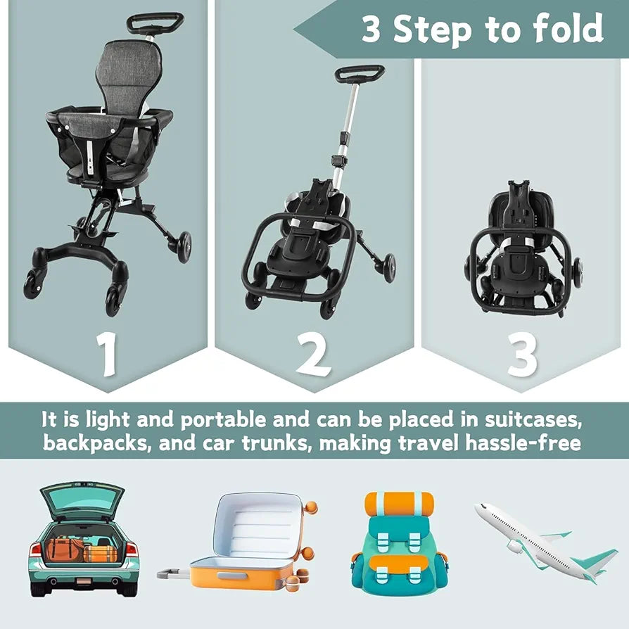 Baby Stroller,Portable Travel Stroller for Airplane with Mini Umbrella,Lightweight and Compact Stroller with 360° Two-Way Rotational Seat,Toddler Coast Rider Stroller with One Hand Easy Fold