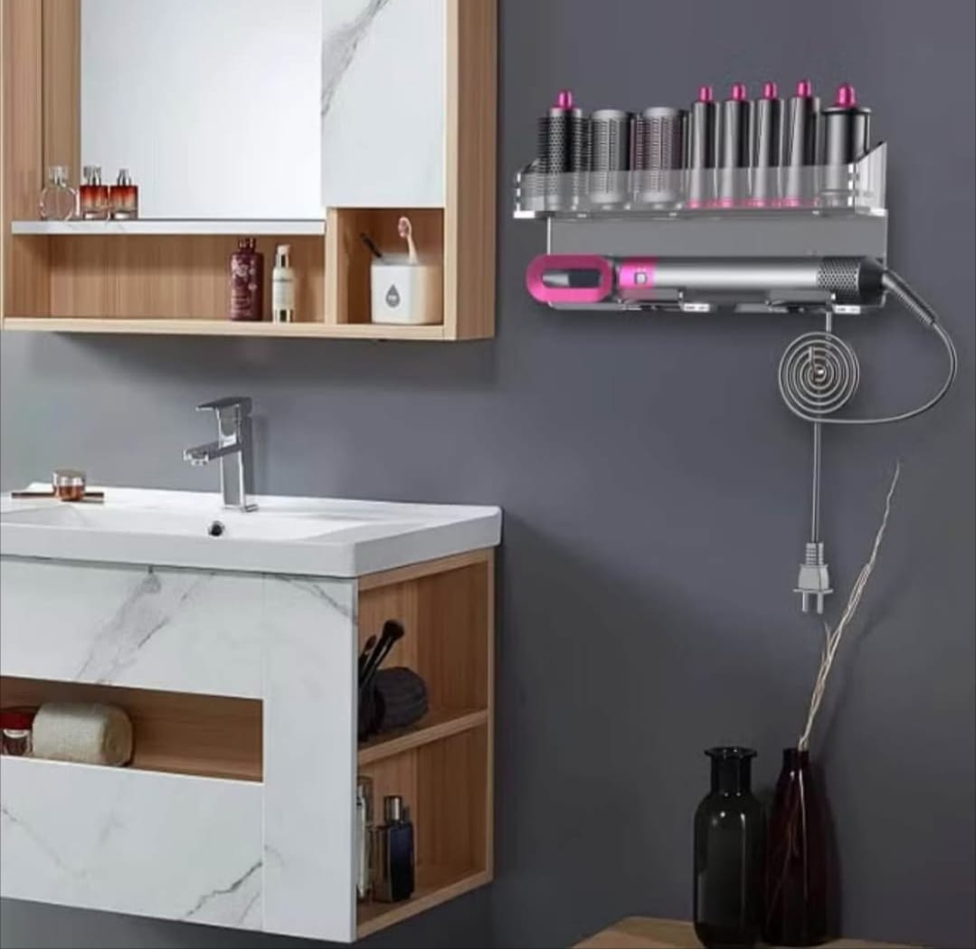 Wall Mount Holder for Hair Styler Complete Set – Transparent Acrylic Storage Rack Organizer for Styler Attachments, Space-Saving Bathroom & Bedroom