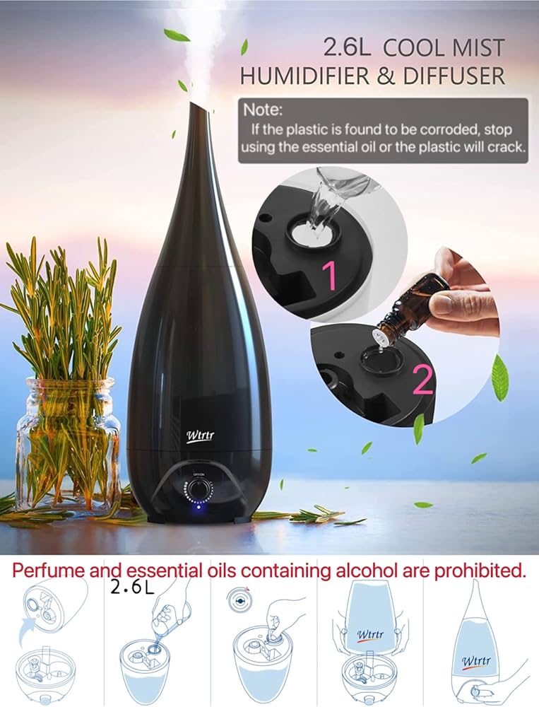 Humidifiers for Bedroom, Vase Design 2 Nozzle, Essential Oil Air Diffuser,Plant Humidifier Desktop Modern Room Decoration Man Woman Gift (Black)