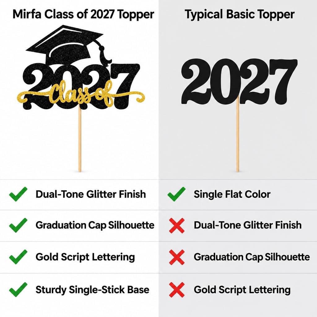 Mirfa Graduation Cake Topper – Black & Gold Glitter Cap Design, Reusable Party Decoration for Graduation Cakes & Dessert Tables