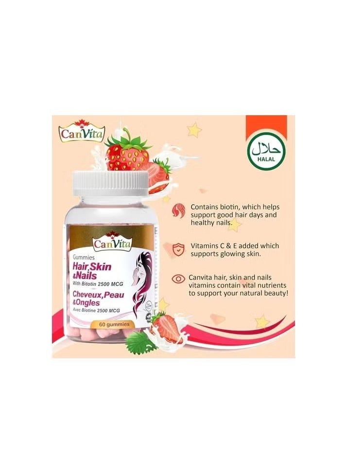 Hair, Skin and Nails Canvita Gummies 60's With 2500mcg of Biotin Delicious Vegan Gummy Tablets (Halal)