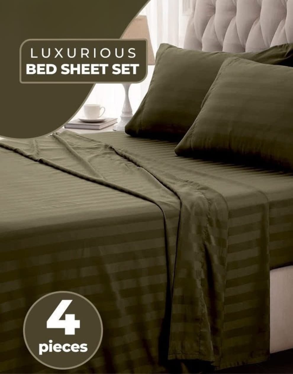 4-Piece Luxury King Size Brown Striped Bedding Set Includes 1 Duvet Cover (220x240cm), 1 Fitted Bed Sheet (200x200+30cm), and 2 Pillow Cases (48x74+5cm) for Ultimate Hotel-Inspired Sophistication