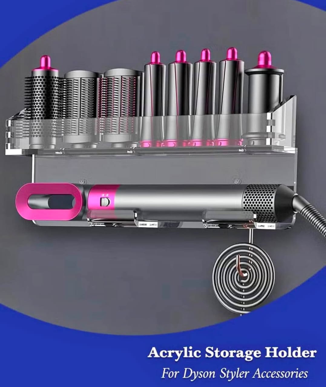 Wall Mount Holder for Hair Styler Complete Set – Transparent Acrylic Storage Rack Organizer for Styler Attachments, Space-Saving Bathroom & Bedroom