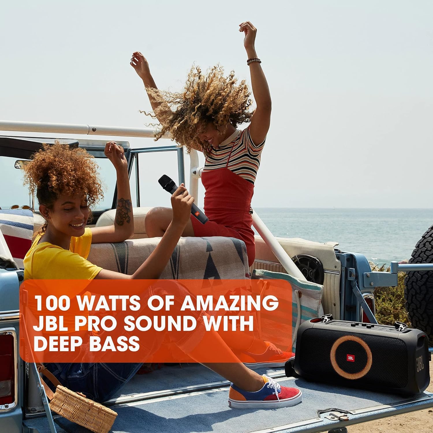 JBL Partybox On-The-GO Portable Party Speaker with Built In Lights and Wireless Mic, 100W of Powerful Booming JBL Pro Sound, Heavy Bass, IPX4 Splashproof, Bluetooth Stream - Black, JBLPARTYBOXOTGUK