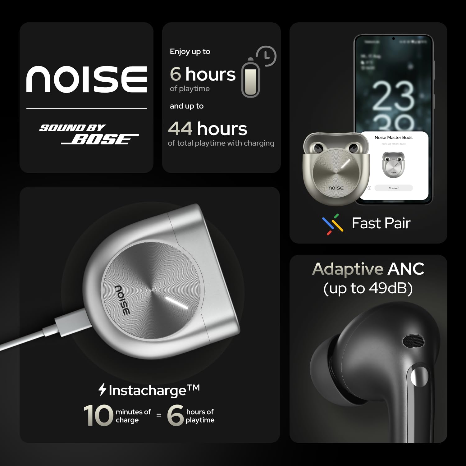 Noise Master Buds, Sound by Bose in-Ear Bluetooth Earbuds, Up to 49dB Adaptive ANC, LHDC 5.0, Immersive Spatial Audio, 44H Playtime with 6 mic ENC, Dual Pairing, IPX5 Ear Buds TWS (Onyx)