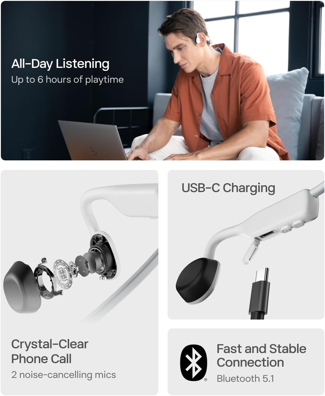 SHOKZ OpenMove Wireless Headphones, Bluetooth Bone Conduction Sports Headset with Mic, 6 Hour Playtime & IP55 Waterproof for Running Workout Cycling (Alpine White)