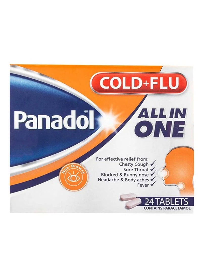 Cold and Flu All in One Chesty Cough Sore Throat Blocked and Runny Nose Body Pain Headache Fever Paracetamol 24 Tablet