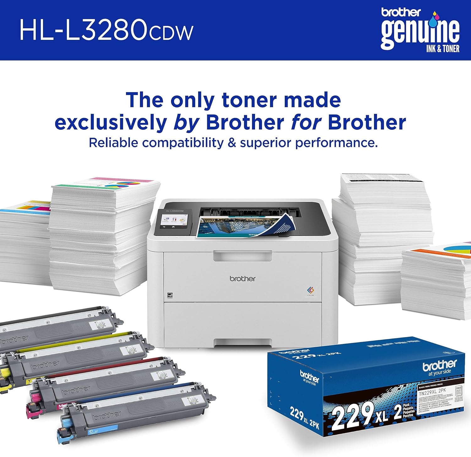 HL-L3280CDW Color Laser Printer, Fast & Compact Wireless Colour Laser LED Printer White