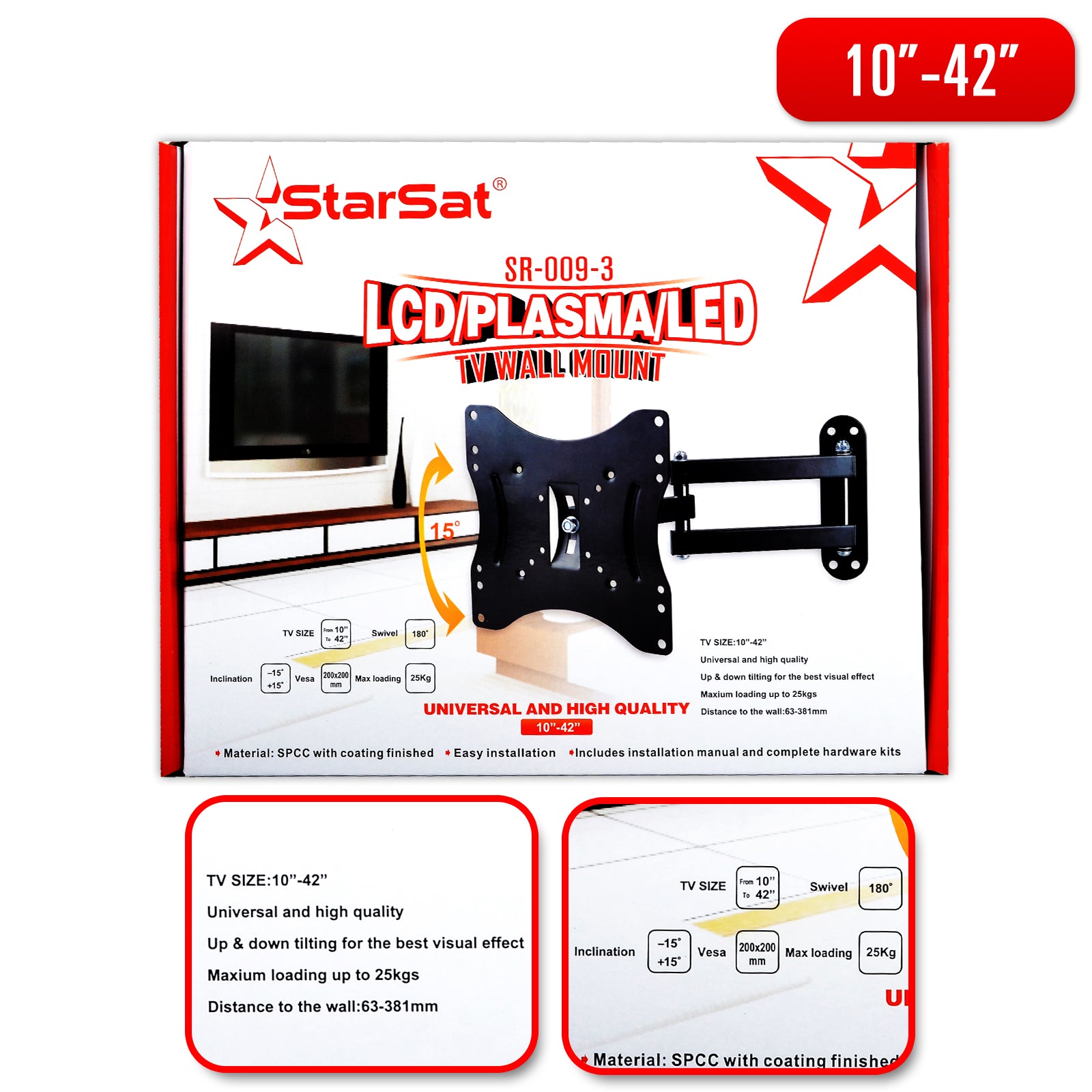 StarSat-009-3 Universal LCD, Plasma, LED TV Wall mount 10" - 42" TV