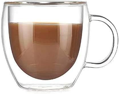 2-Pack Double Walled Glass Coffee Mugs, Insulated Glass Cups with Handle Clear Borosilicate Glass Mugs , 250ml Perfect for Cappuccino,Tea,Latte,Espresso,Hot Beverage,Wine,Microwave Safe.
