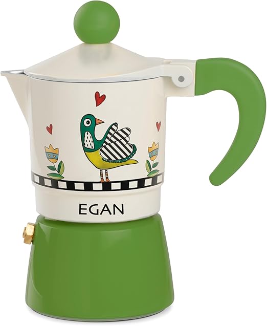 Egan Set Moka Coffee Maker, 2 Mini Mugs, and Tray Cocoricò Green – Premium Aluminum and New Bone China