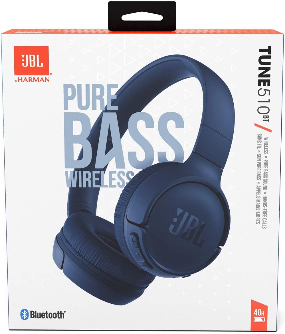JBL Tune 510BT Wireless On Ear Headphones, Pure Bass Sound, 40H Battery, Speed Charge, Fast USB Type-C, Multi-Point Connection, Foldable Design, Voice Assistant - Blue, JBLT510BTBLUEU