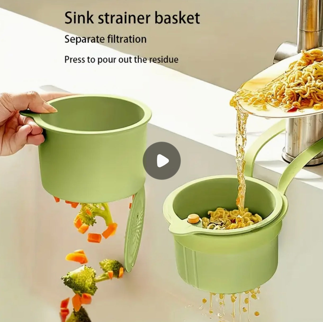 Sink-mounted colander basket, sink strainer, separates/filters waste, press to dump residue and debris, keeps the sink clean, easy to use, suitable for kitchen sinks